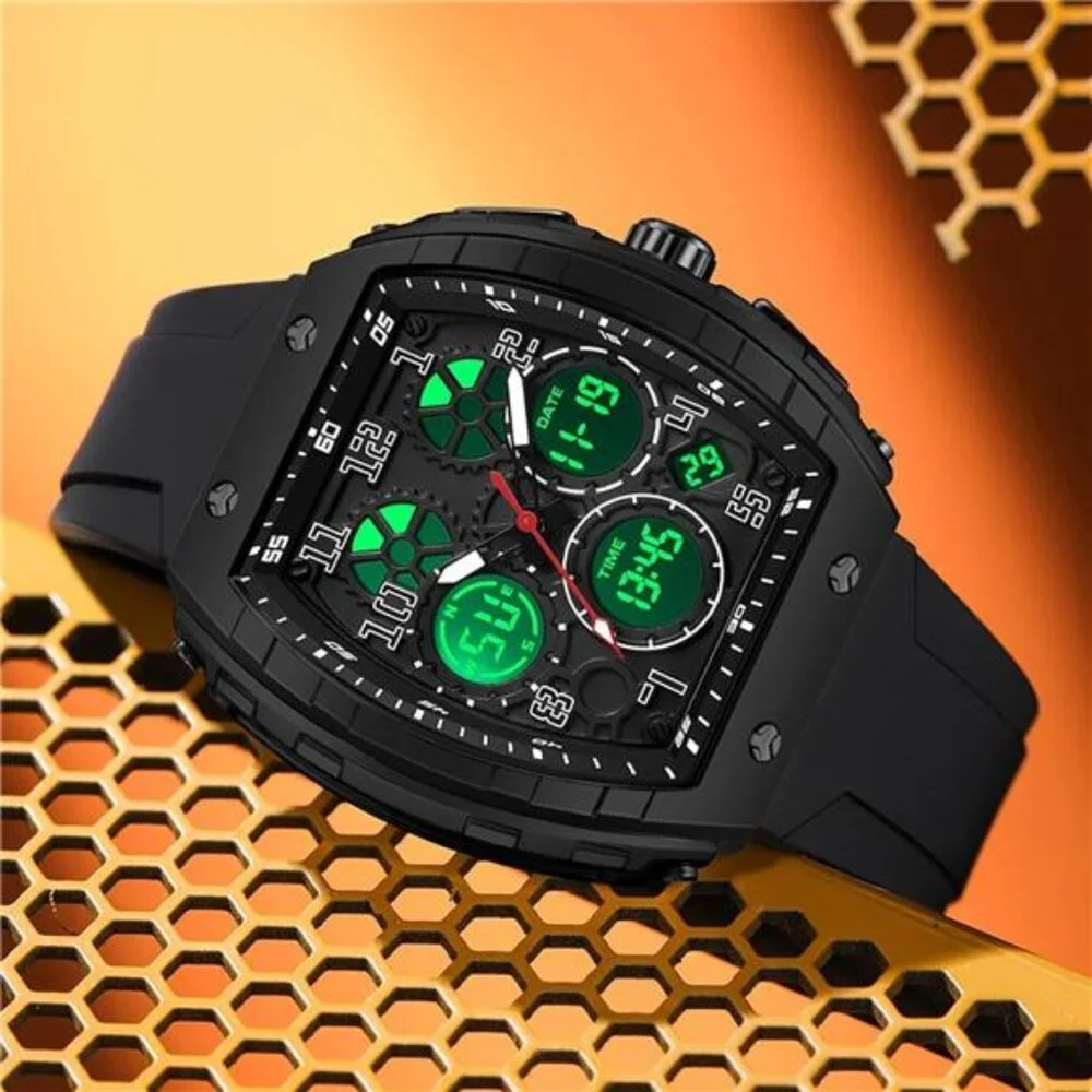 Mens Rectangular Watch With Digital Analog Dual Time Display Square Dial
